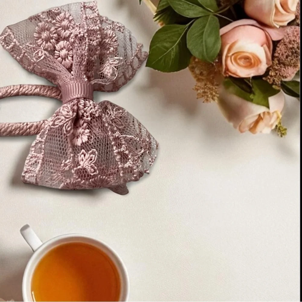 Dusty Rose Lace Bow Hair Clips - Set of 2 - Picture 6 of 12